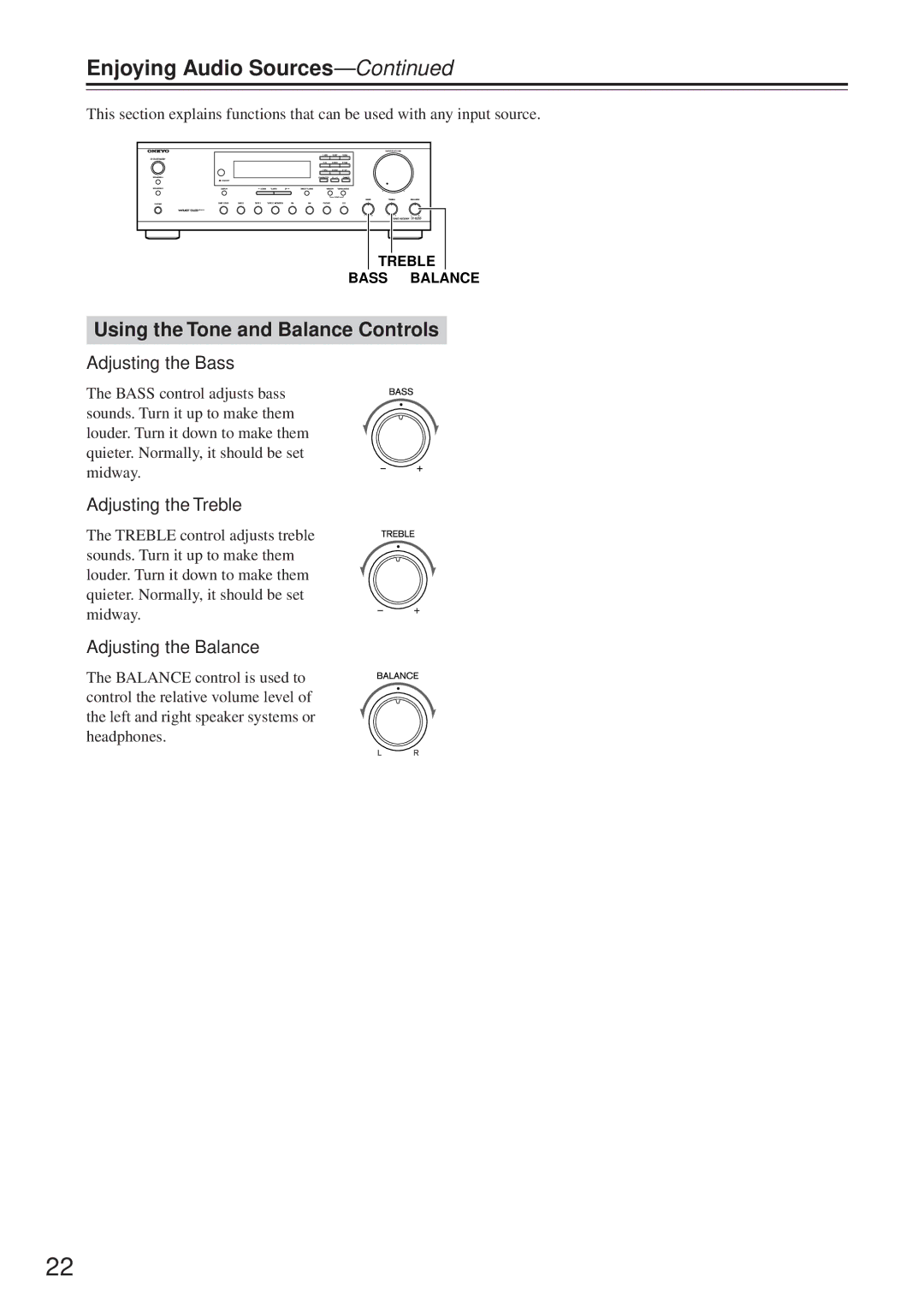 Onkyo TX-8255 Using the Tone and Balance Controls, Adjusting the Bass, Adjusting the Treble, Adjusting the Balance 