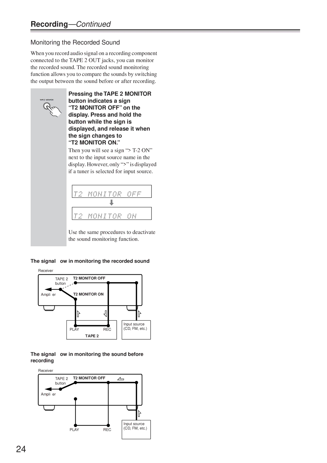 Onkyo TX-8255 instruction manual Recording, Monitoring the Recorded Sound 