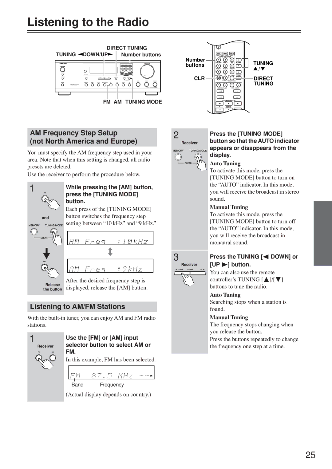 Onkyo TX-8255 Listening to the Radio, AM Frequency Step Setup Not North America and Europe, Listening to AM/FM Stations 