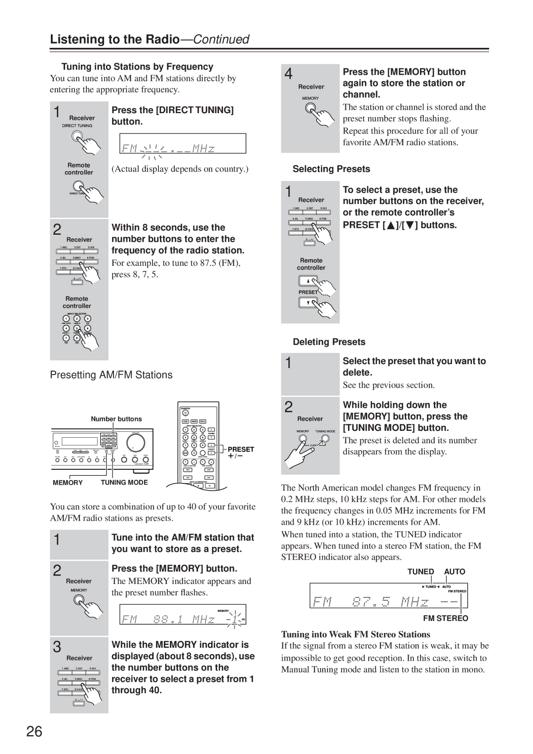 Onkyo TX-8255 instruction manual Listening to the Radio, Presetting AM/FM Stations 