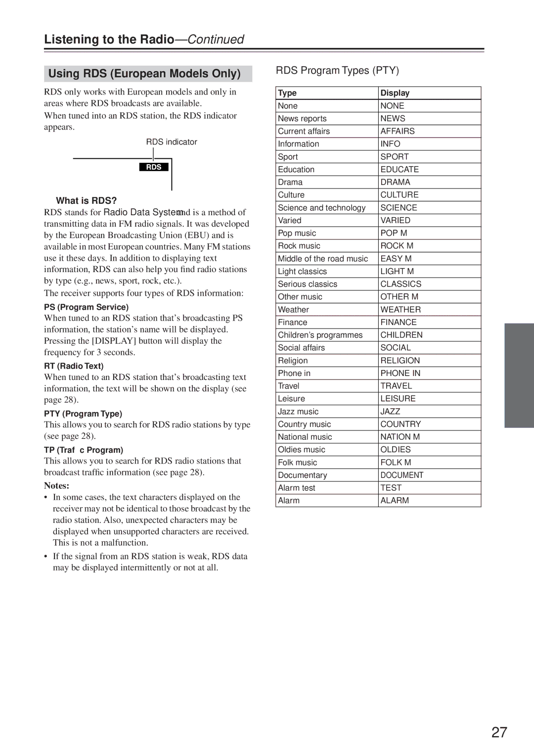 Onkyo TX-8255 instruction manual Using RDS European Models Only, RDS Program Types PTY, What is RDS? 