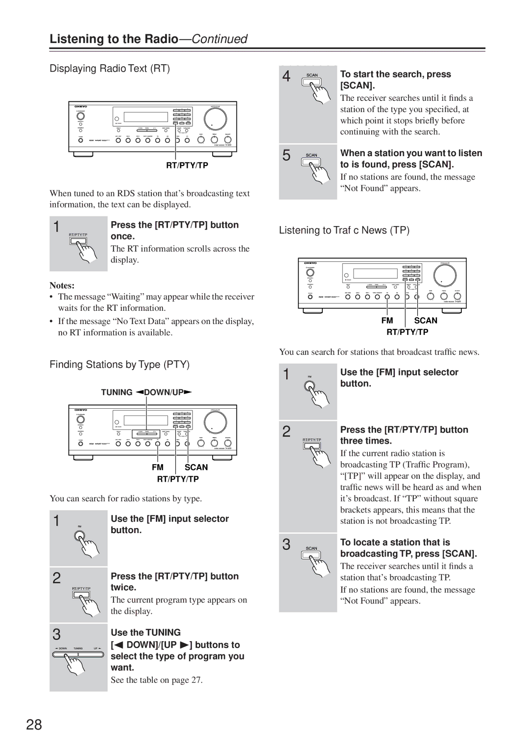 Onkyo TX-8255 instruction manual Displaying Radio Text RT, Finding Stations by Type PTY, Listening to Trafﬁc News TP 