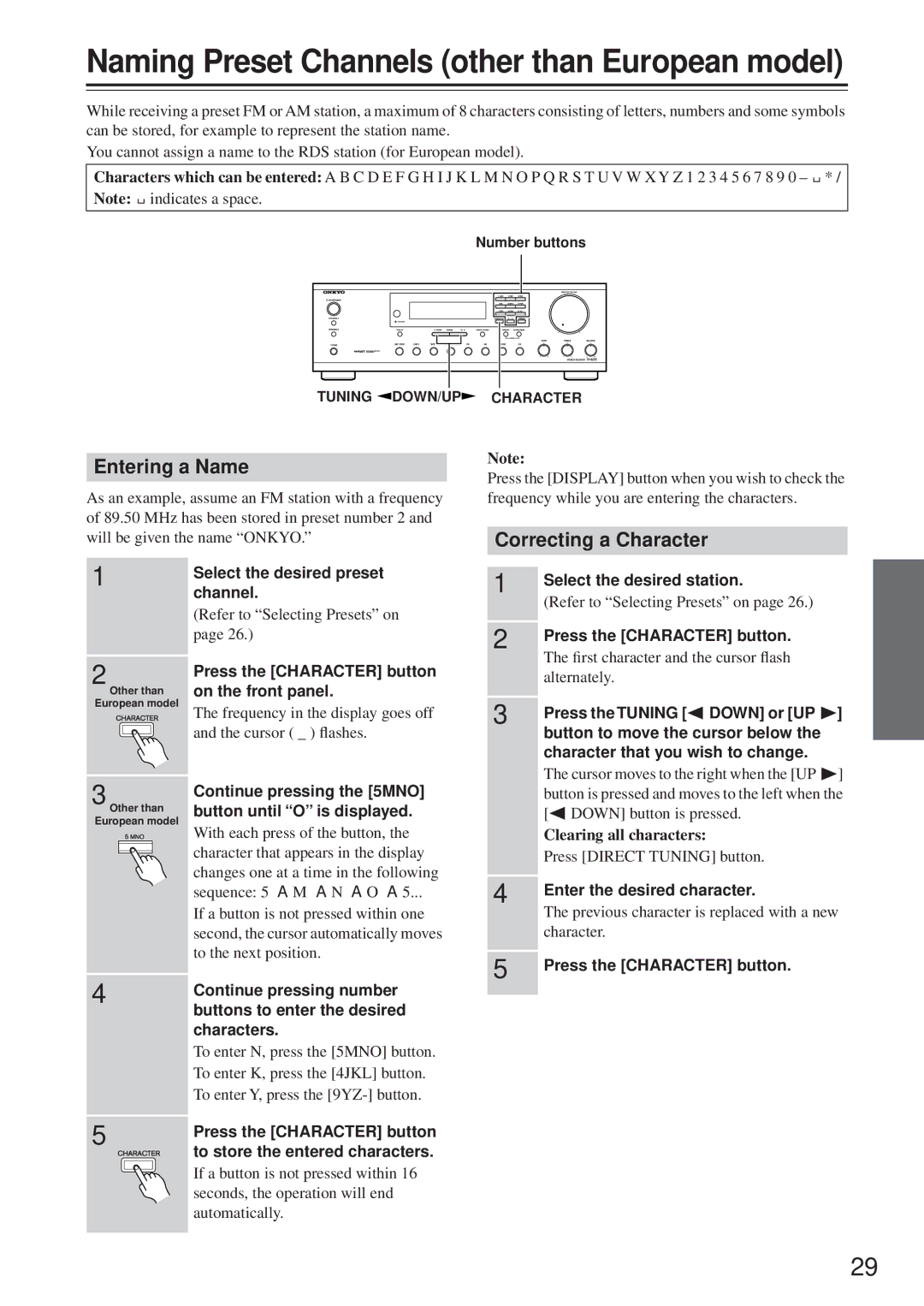 Onkyo TX-8255 instruction manual Naming Preset Channels other than European model, Entering a Name, Correcting a Character 