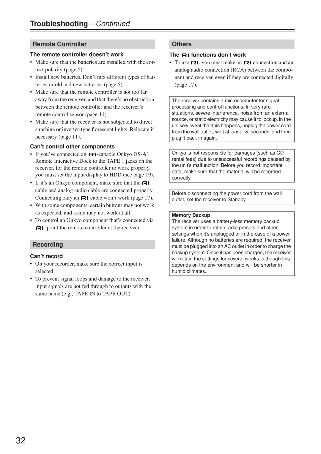 Onkyo TX-8255 Troubleshooting, Remote controller doesn’t work, Can’t control other components, Can’t record 