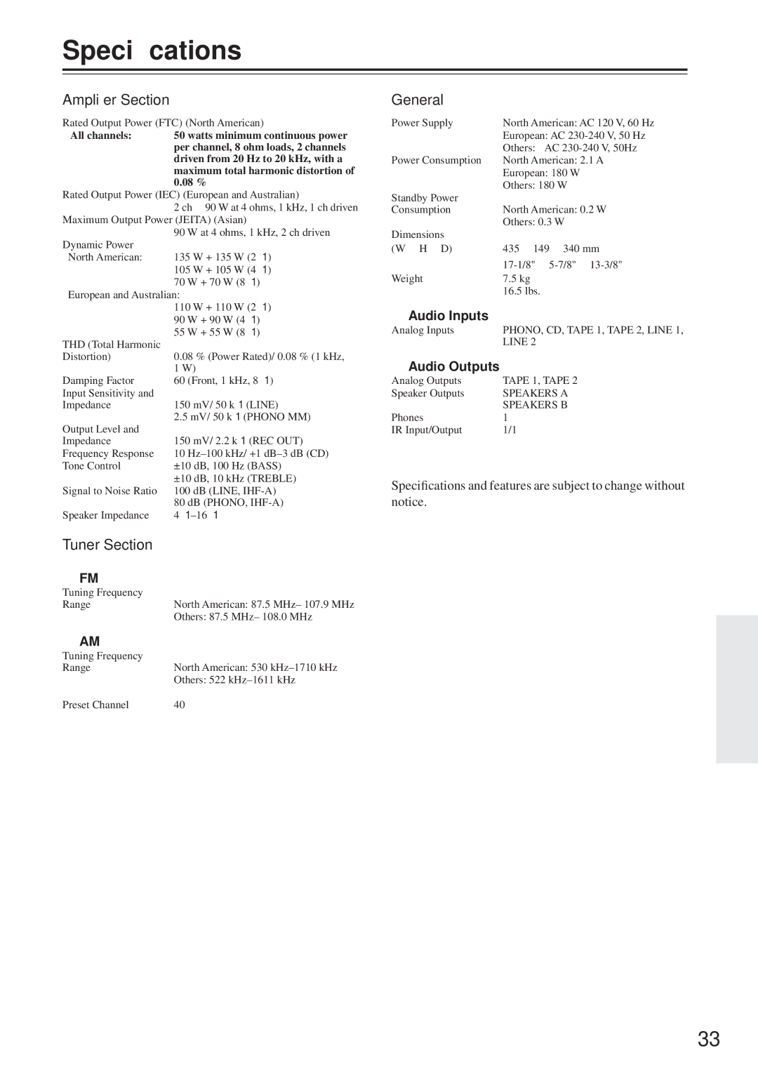 Onkyo TX-8255 instruction manual Speciﬁcations, Ampliﬁer Section, Tuner Section, General 