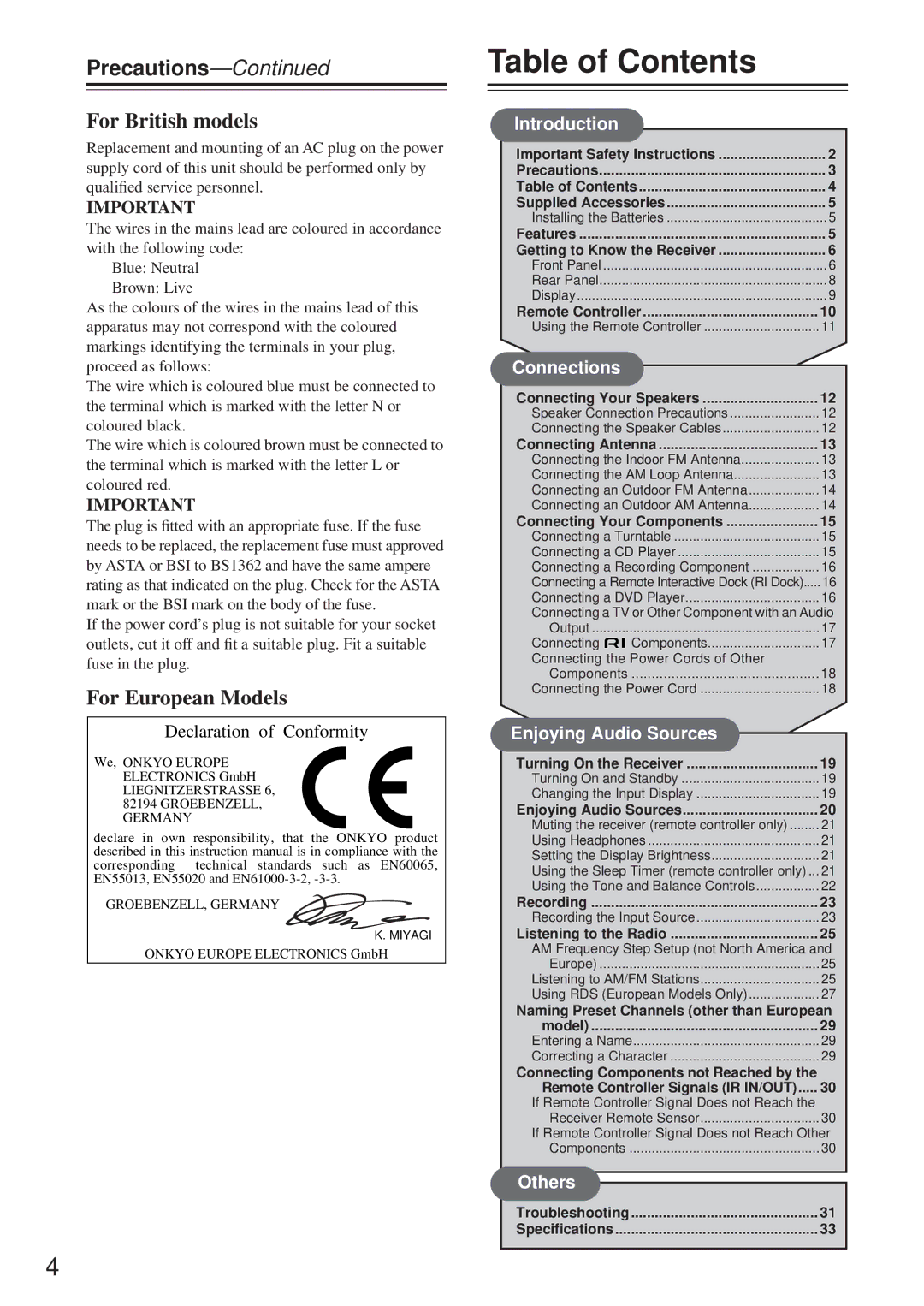 Onkyo TX-8255 instruction manual Table of Contents 