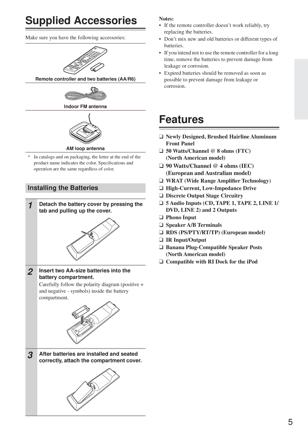 Onkyo TX-8255 instruction manual Supplied Accessories, Features, Installing the Batteries 