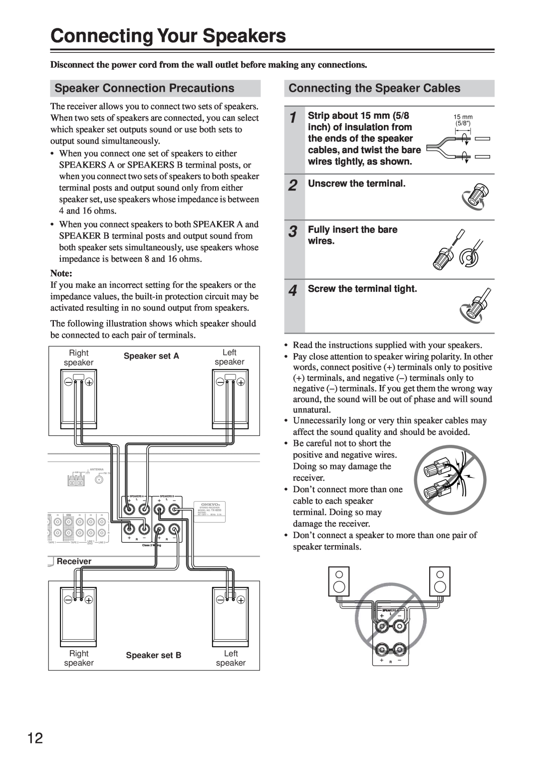Onkyo TX-8255 instruction manual Connecting Your Speakers, Speaker Connection Precautions, Connecting the Speaker Cables 