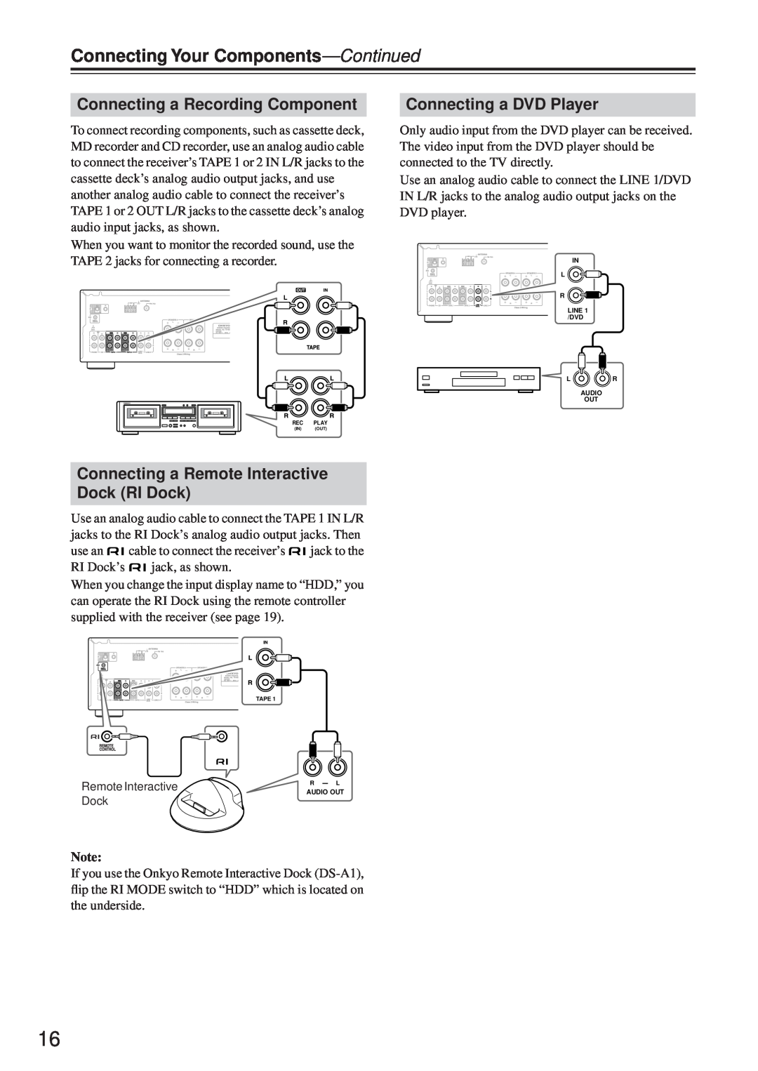 Onkyo TX-8255 Connecting Your Components-Continued, Connecting a Recording Component, Connecting a DVD Player 