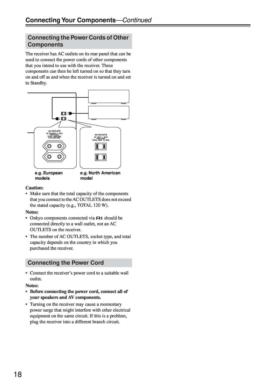 Onkyo TX-8255 instruction manual Connecting the Power Cords of Other Components, Connecting Your Components-Continued 