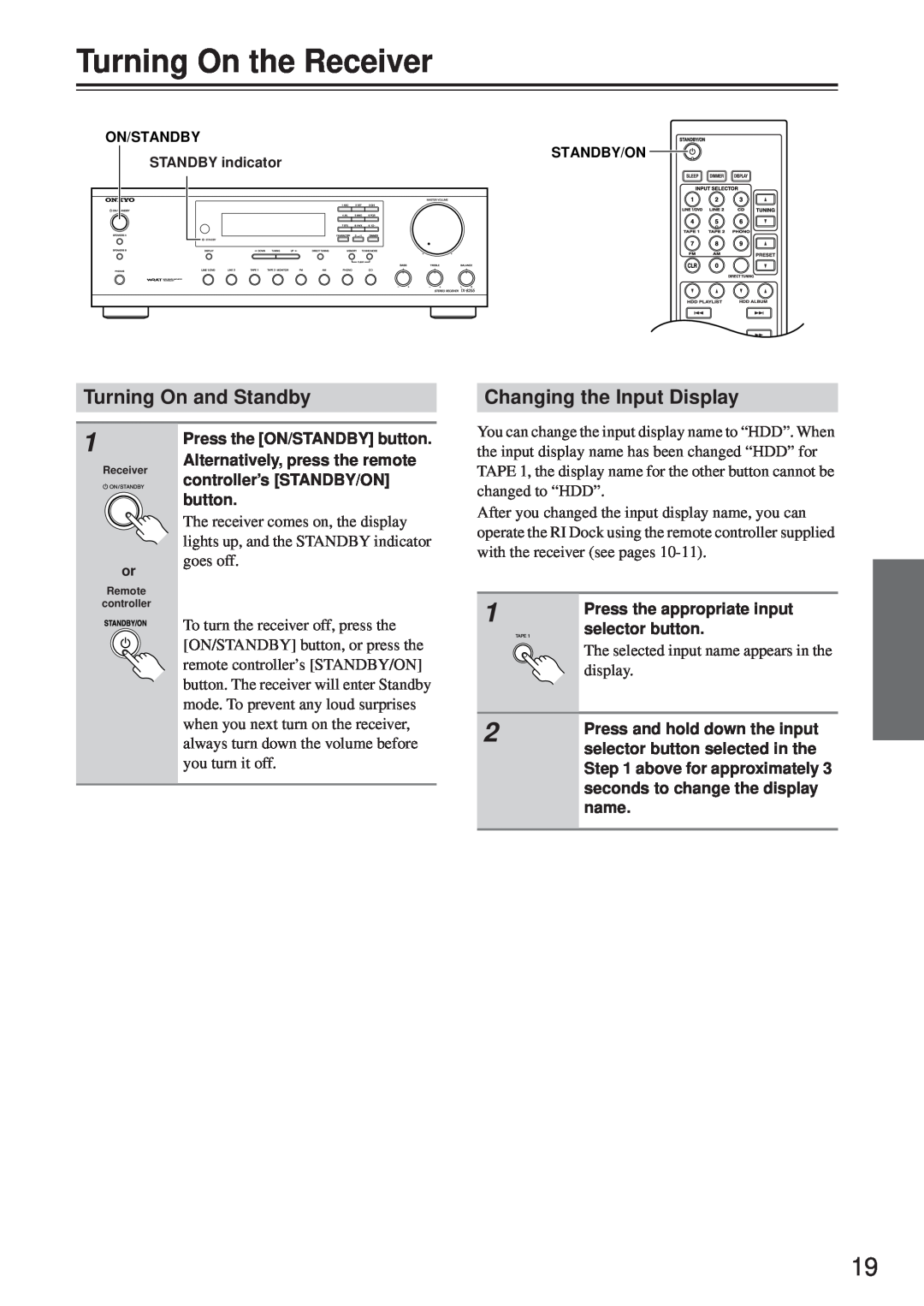 Onkyo TX-8255 instruction manual Turning On the Receiver, Turning On and Standby, Changing the Input Display, display 