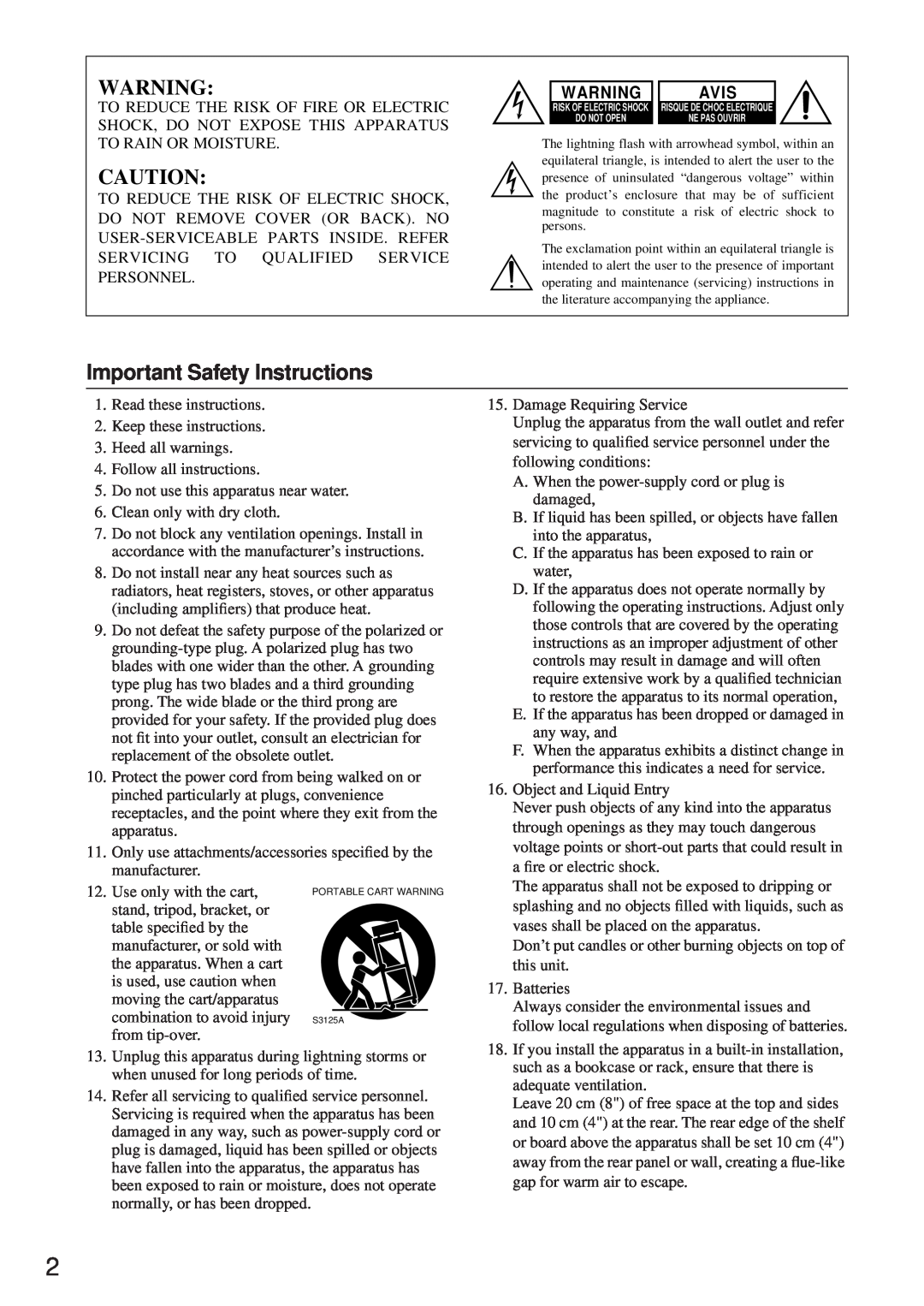 Onkyo TX-8255 instruction manual Important Safety Instructions, Avis 