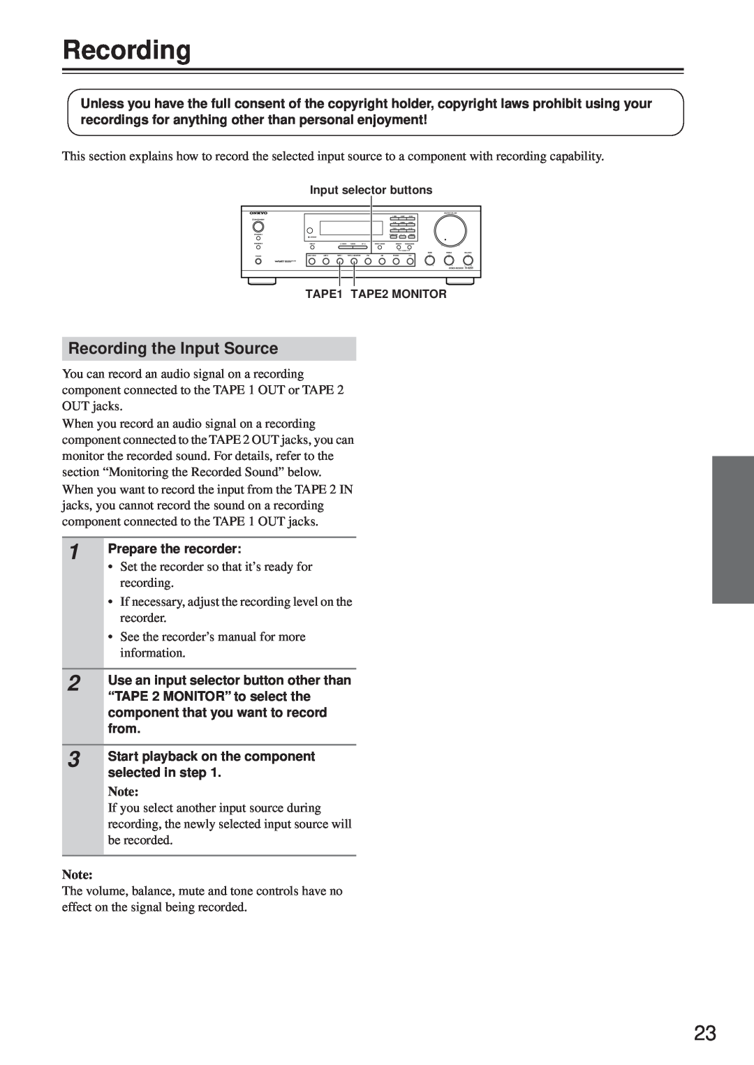 Onkyo TX-8255 instruction manual Recording the Input Source 