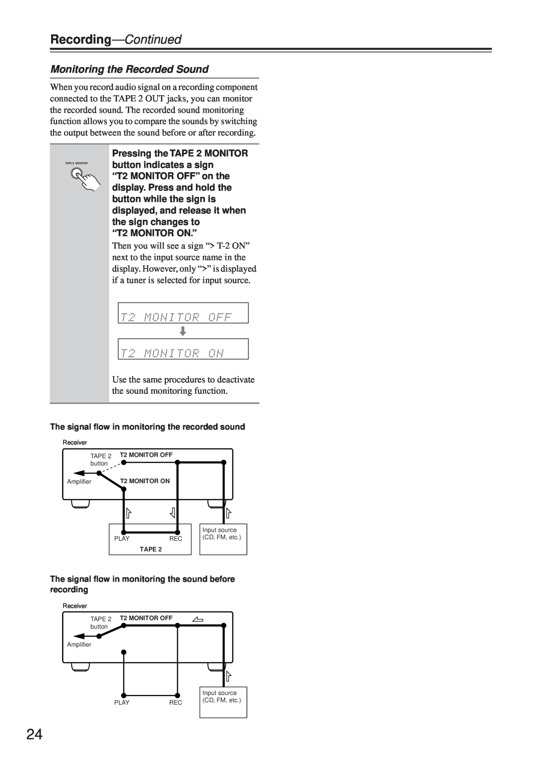 Onkyo TX-8255 instruction manual Monitoring the Recorded Sound, Recording-Continued 