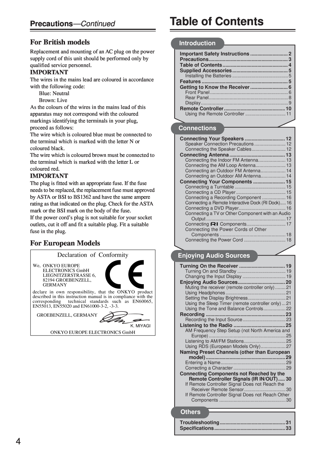 Onkyo TX-8255 Table of Contents, Precautions-Continued, For British models, For European Models, Introduction, Connections 