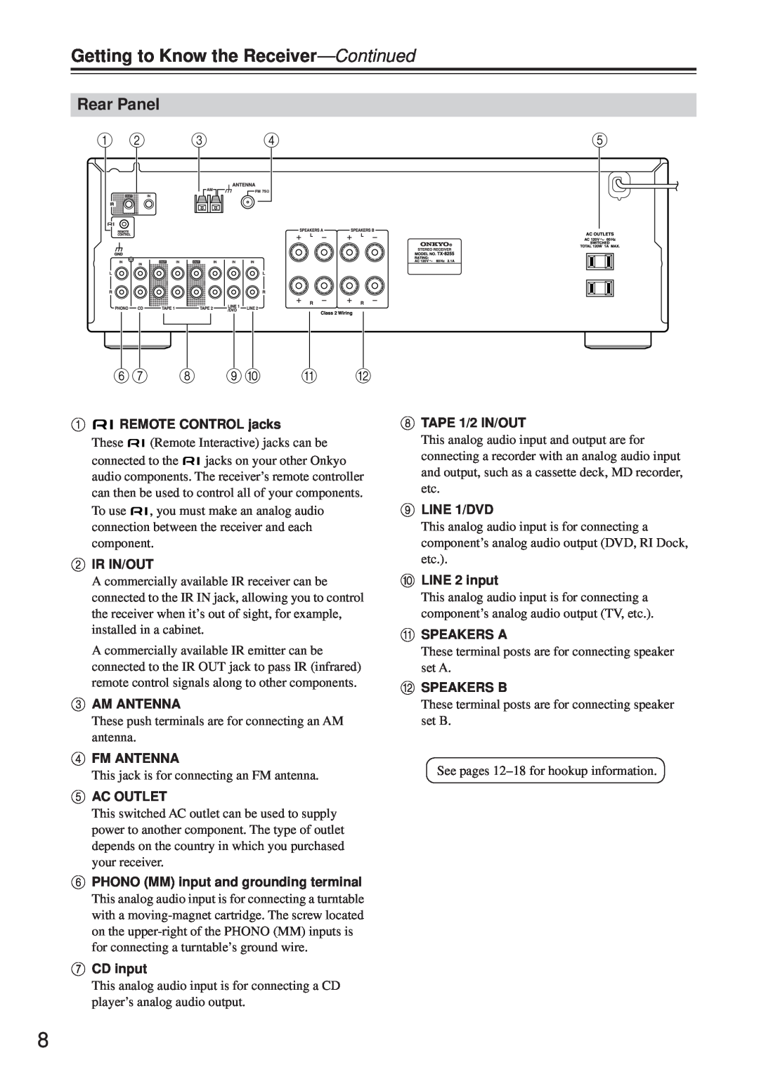 Onkyo TX-8255 instruction manual Rear Panel, Getting to Know the Receiver-Continued, 67 8 9J K L 