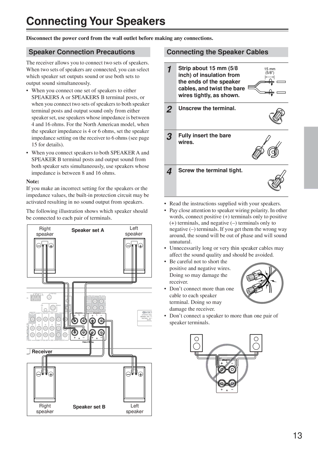 Onkyo TX-8555 instruction manual Connecting Your Speakers, Speaker Connection Precautions, Connecting the Speaker Cables 