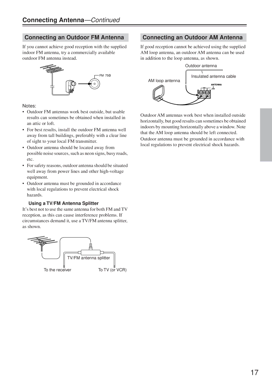 Onkyo TX-8555 instruction manual Connecting Antenna, Connecting an Outdoor FM Antenna, Connecting an Outdoor AM Antenna 