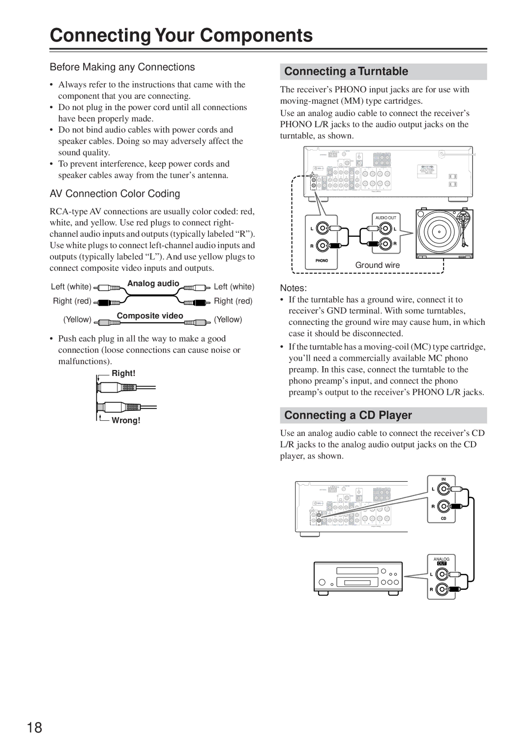 Onkyo TX-8555 Connecting Your Components, Connecting a Turntable, Connecting a CD Player, Before Making any Connections 