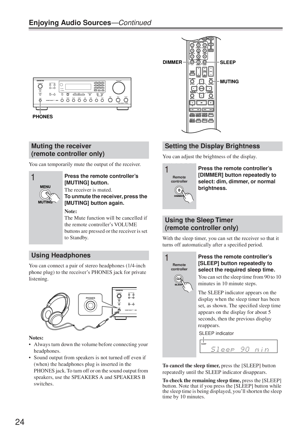 Onkyo TX-8555 Enjoying Audio Sources, Muting the receiver remote controller only, Setting the Display Brightness 