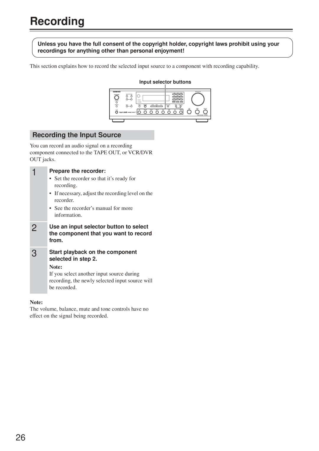 Onkyo TX-8555 instruction manual Recording the Input Source 