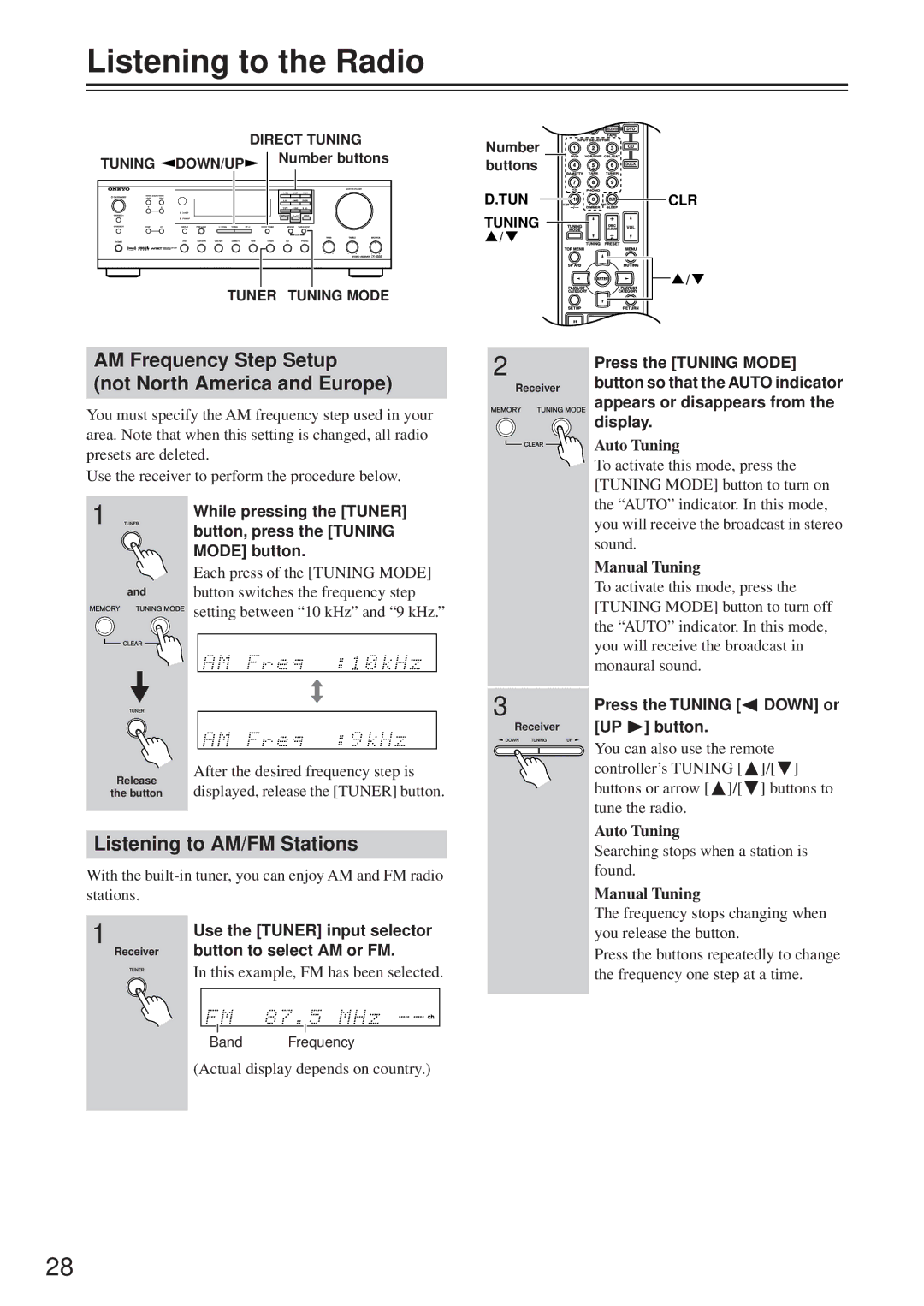 Onkyo TX-8555 Listening to the Radio, AM Frequency Step Setup Not North America and Europe, Listening to AM/FM Stations 