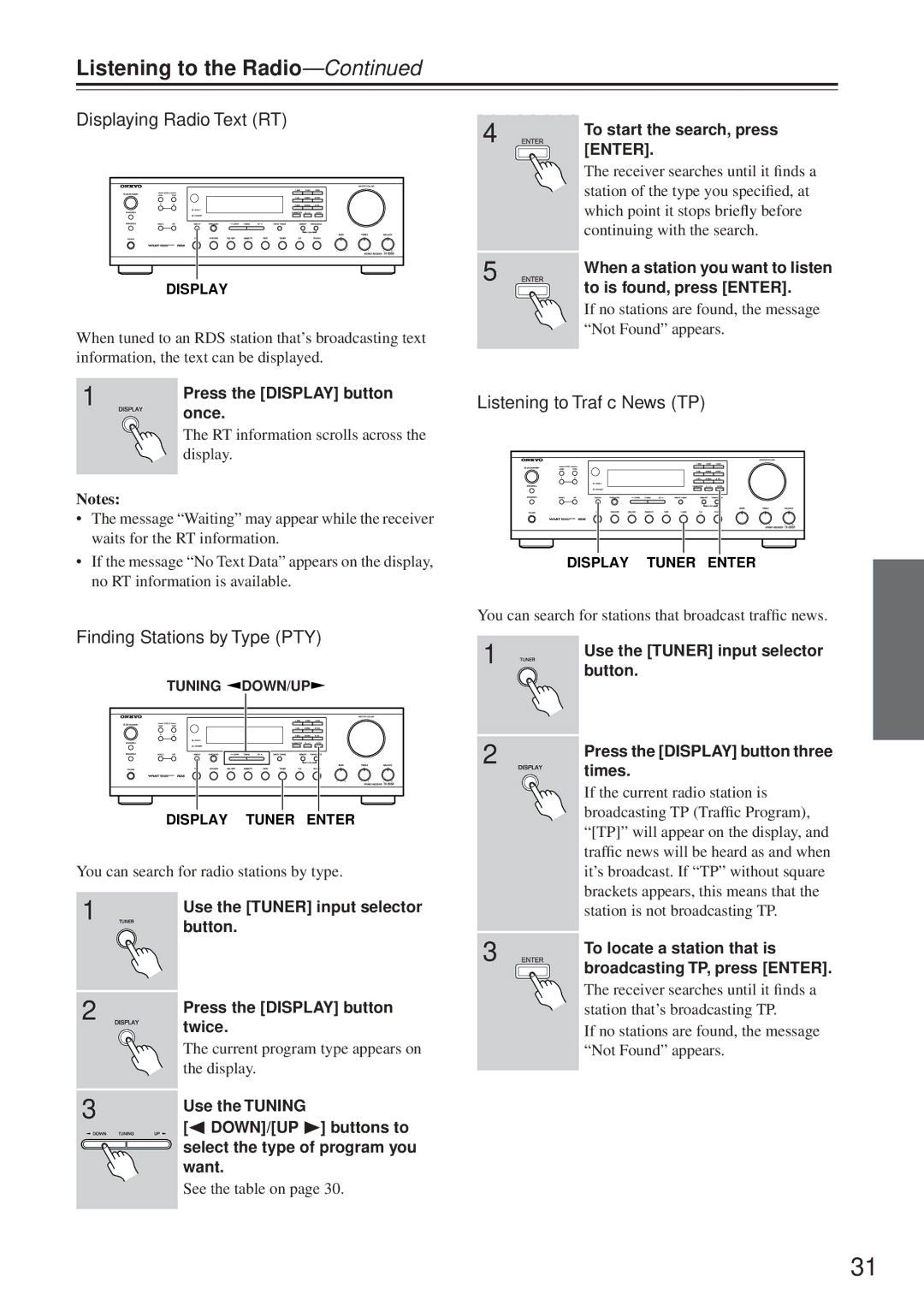 Onkyo TX-8555 instruction manual Displaying Radio Text RT, Finding Stations by Type PTY, Listening to Trafﬁc News TP 