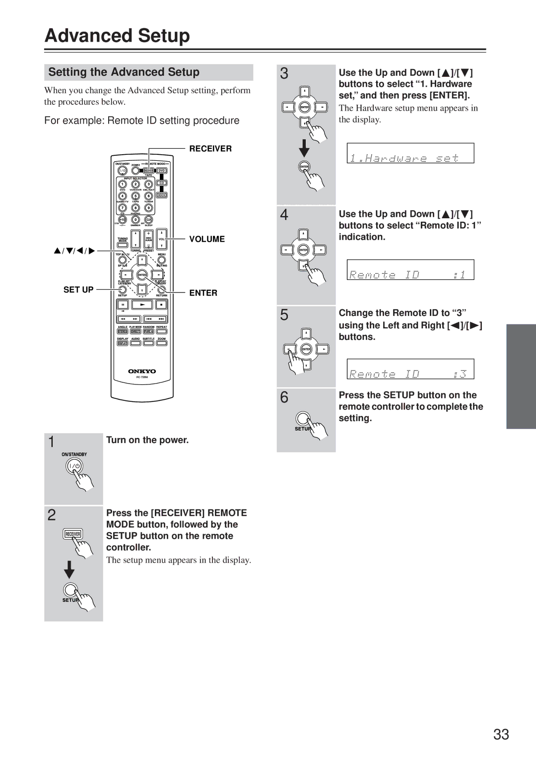 Onkyo TX-8555 instruction manual Setting the Advanced Setup, For example Remote ID setting procedure 