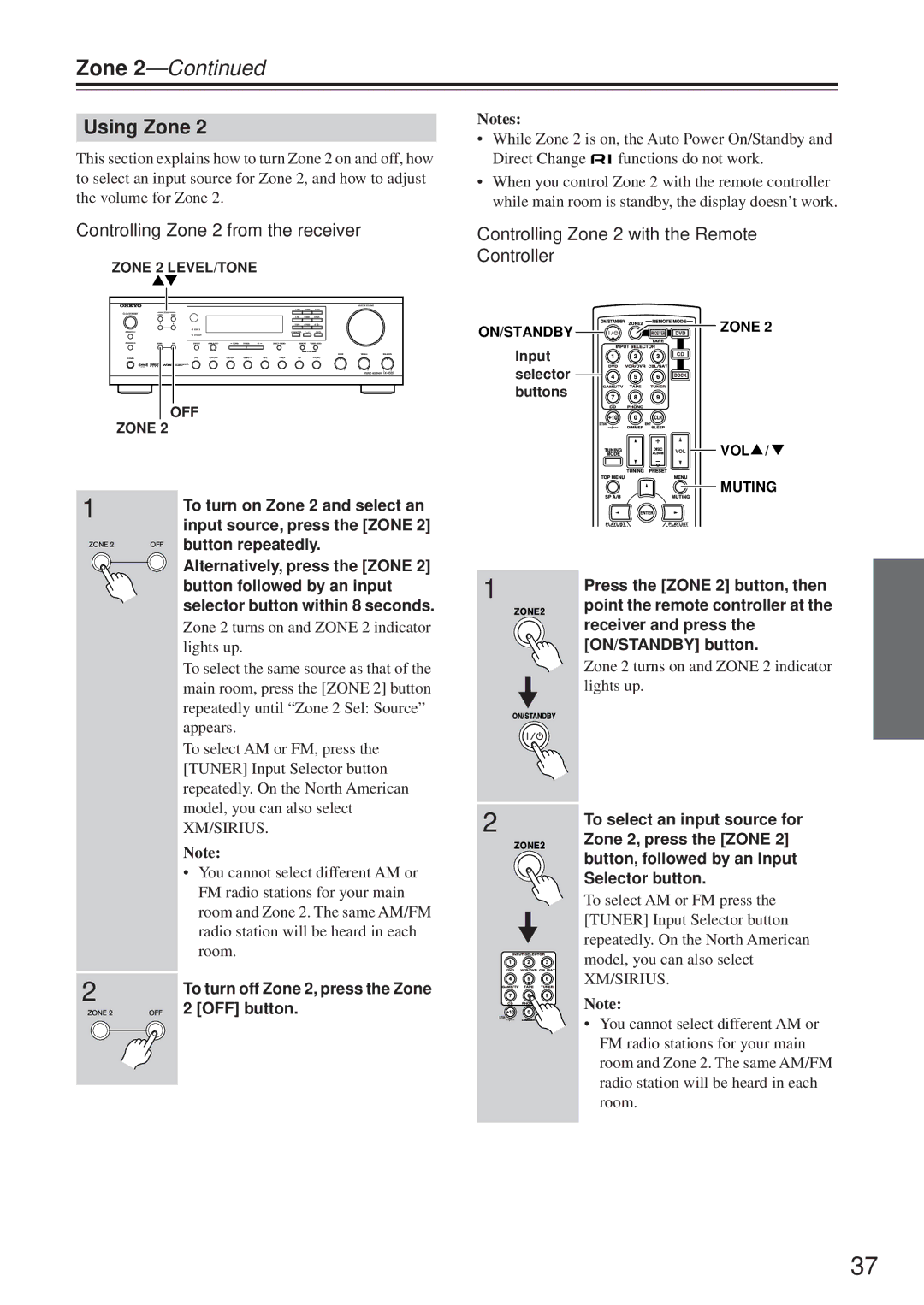 Onkyo TX-8555 Using Zone, Controlling Zone 2 from the receiver, Controlling Zone 2 with the Remote Controller 