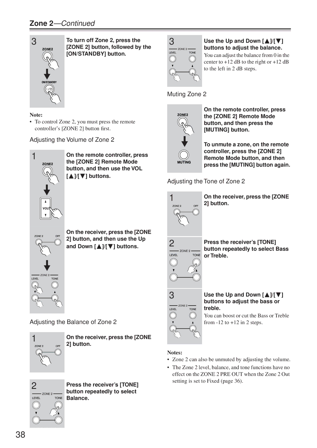 Onkyo TX-8555 Adjusting the Volume of Zone, Muting Zone, Adjusting the Tone of Zone, Adjusting the Balance of Zone 