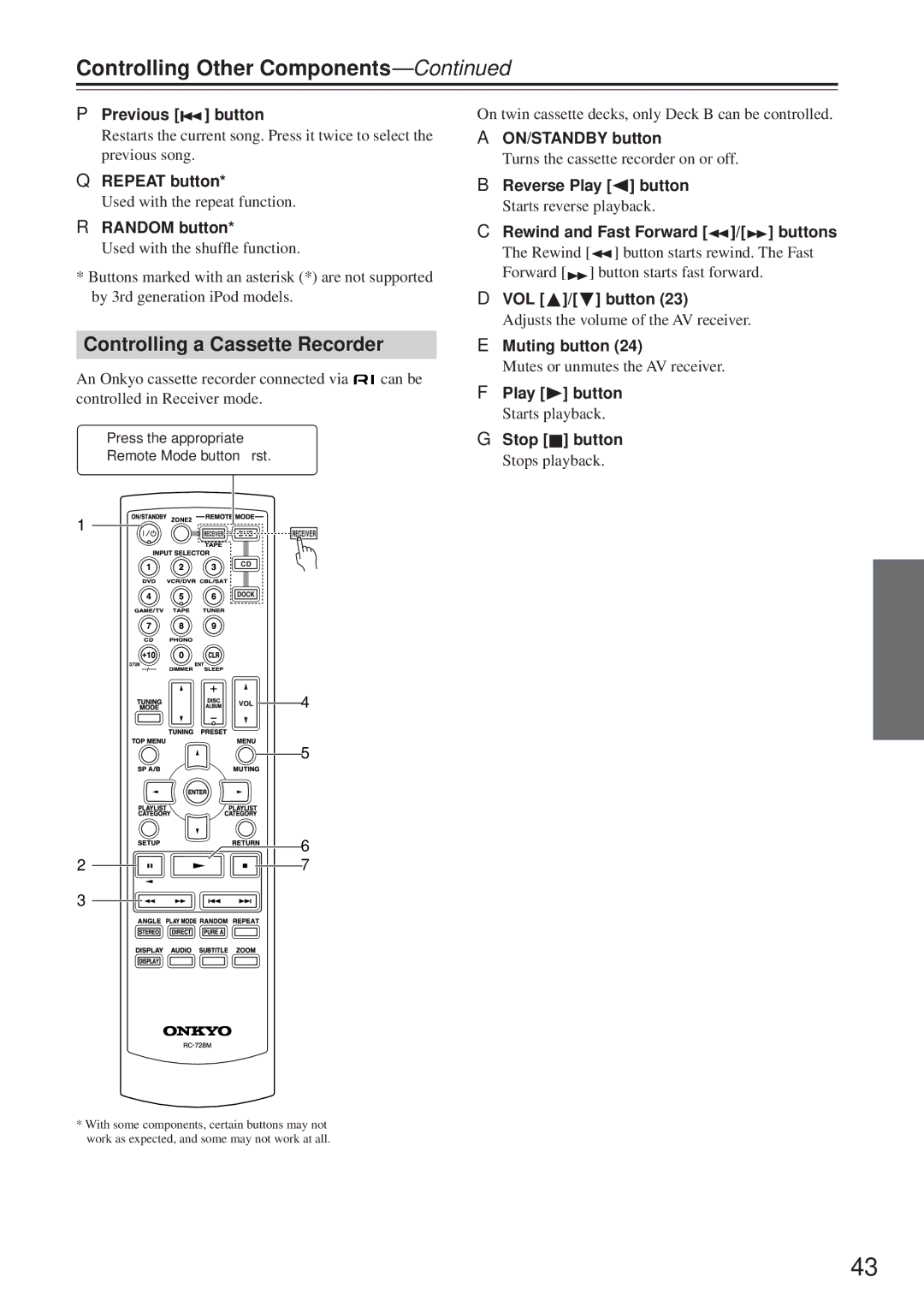 Onkyo TX-8555 Controlling a Cassette Recorder, Previous button, Reverse Play button, Rewind and Fast Forward / buttons 