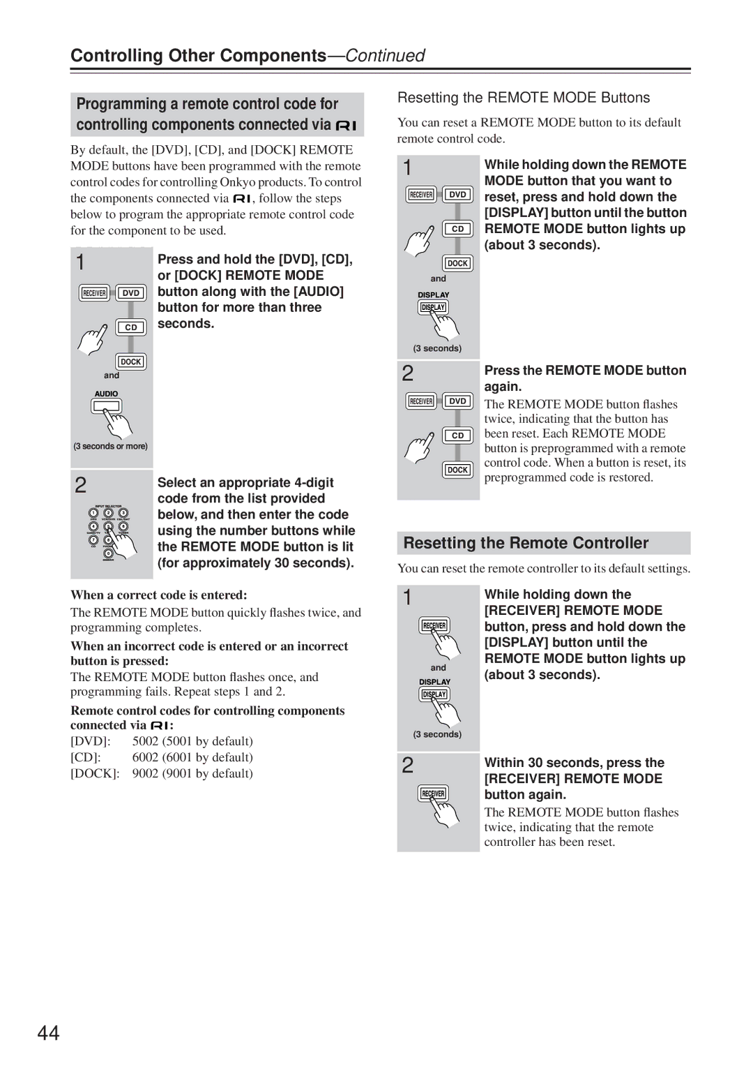 Onkyo TX-8555 instruction manual Resetting the Remote Controller, Resetting the Remote Mode Buttons 