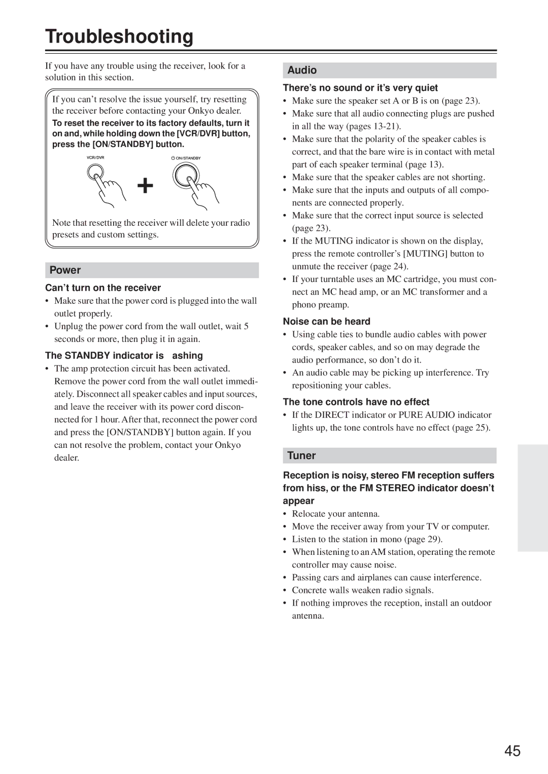 Onkyo TX-8555 instruction manual Troubleshooting 