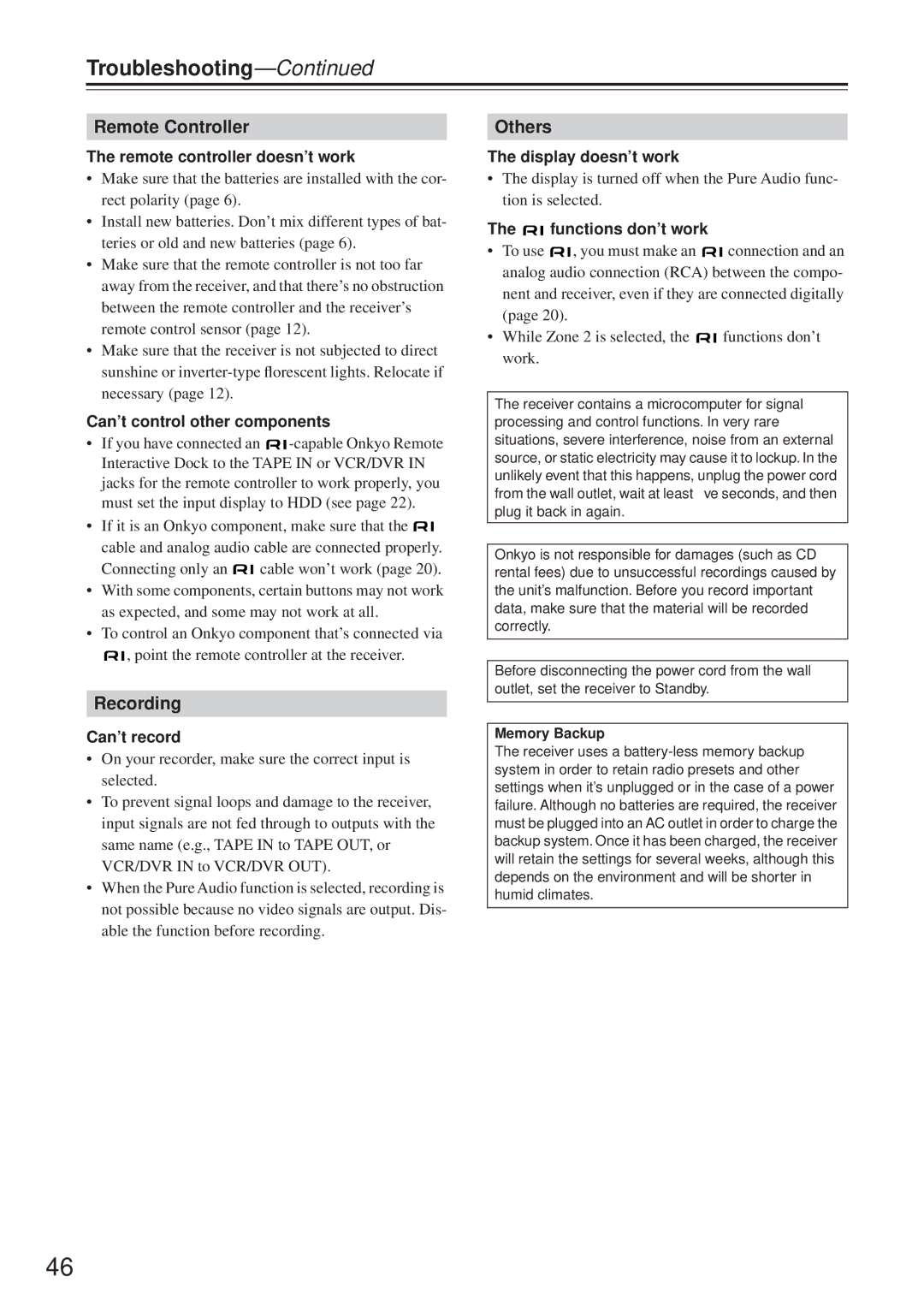 Onkyo TX-8555 instruction manual Troubleshooting 