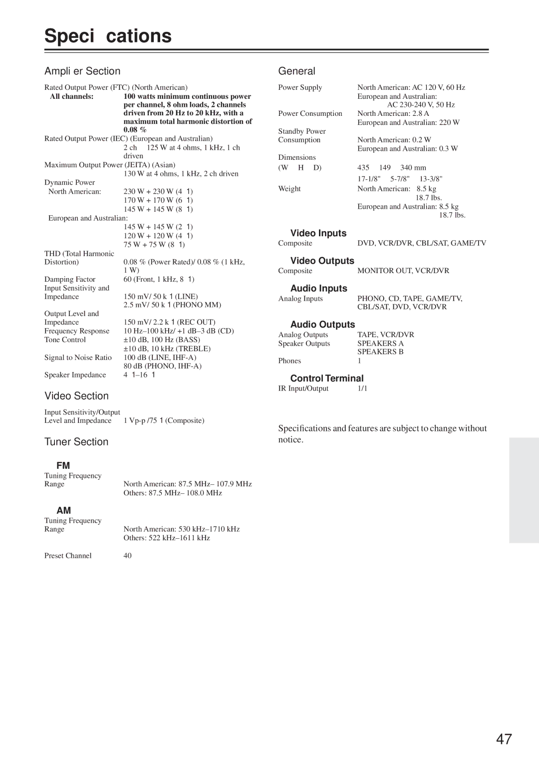 Onkyo TX-8555 instruction manual Speciﬁcations, Ampliﬁer Section, Video Section, Tuner Section, General 