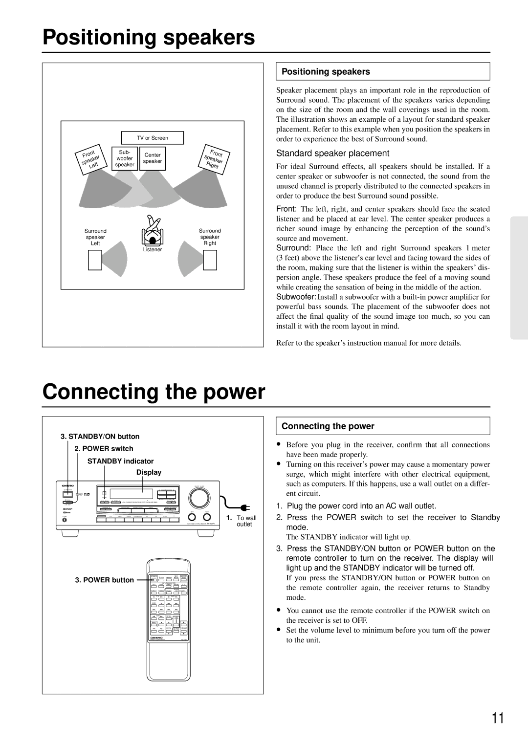 Onkyo TX-DS474 appendix Positioning speakers, Connecting the power 