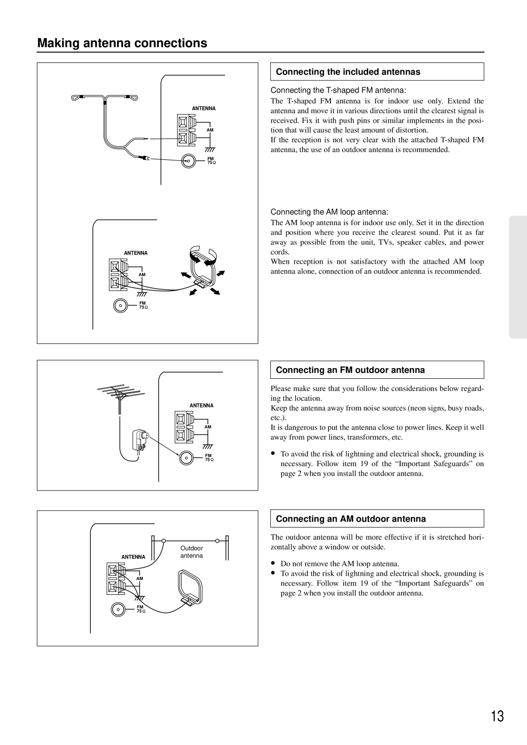 Onkyo TX-DS474 appendix Making antenna connections, Connecting the included antennas, Connecting an FM outdoor antenna 