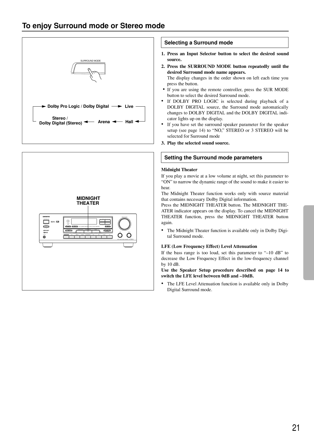 Onkyo TX-DS474 To enjoy Surround mode or Stereo mode, Selecting a Surround mode, Setting the Surround mode parameters 