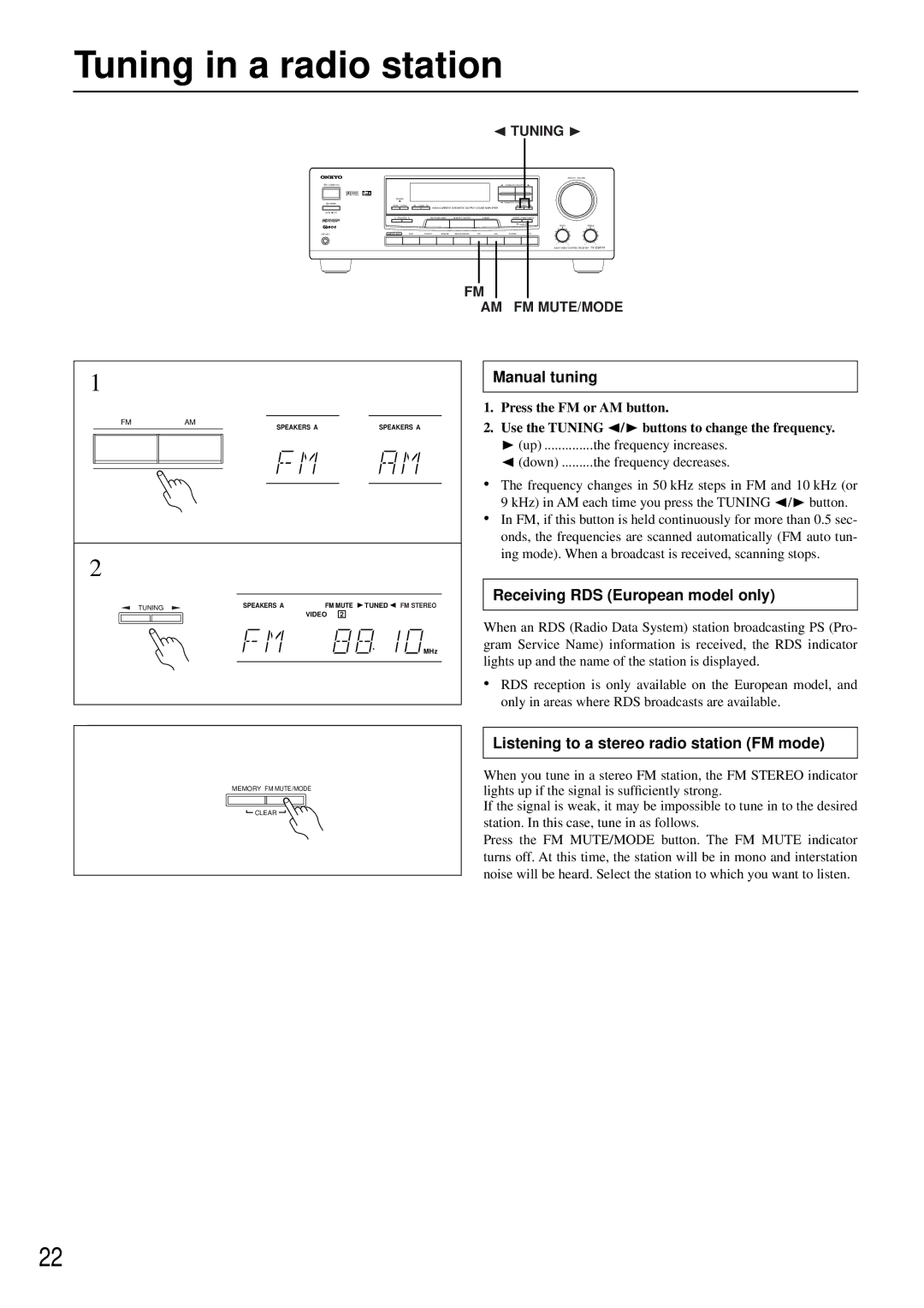 Onkyo TX-DS474 appendix Tuning in a radio station, Manual tuning, Receiving RDS European model only 