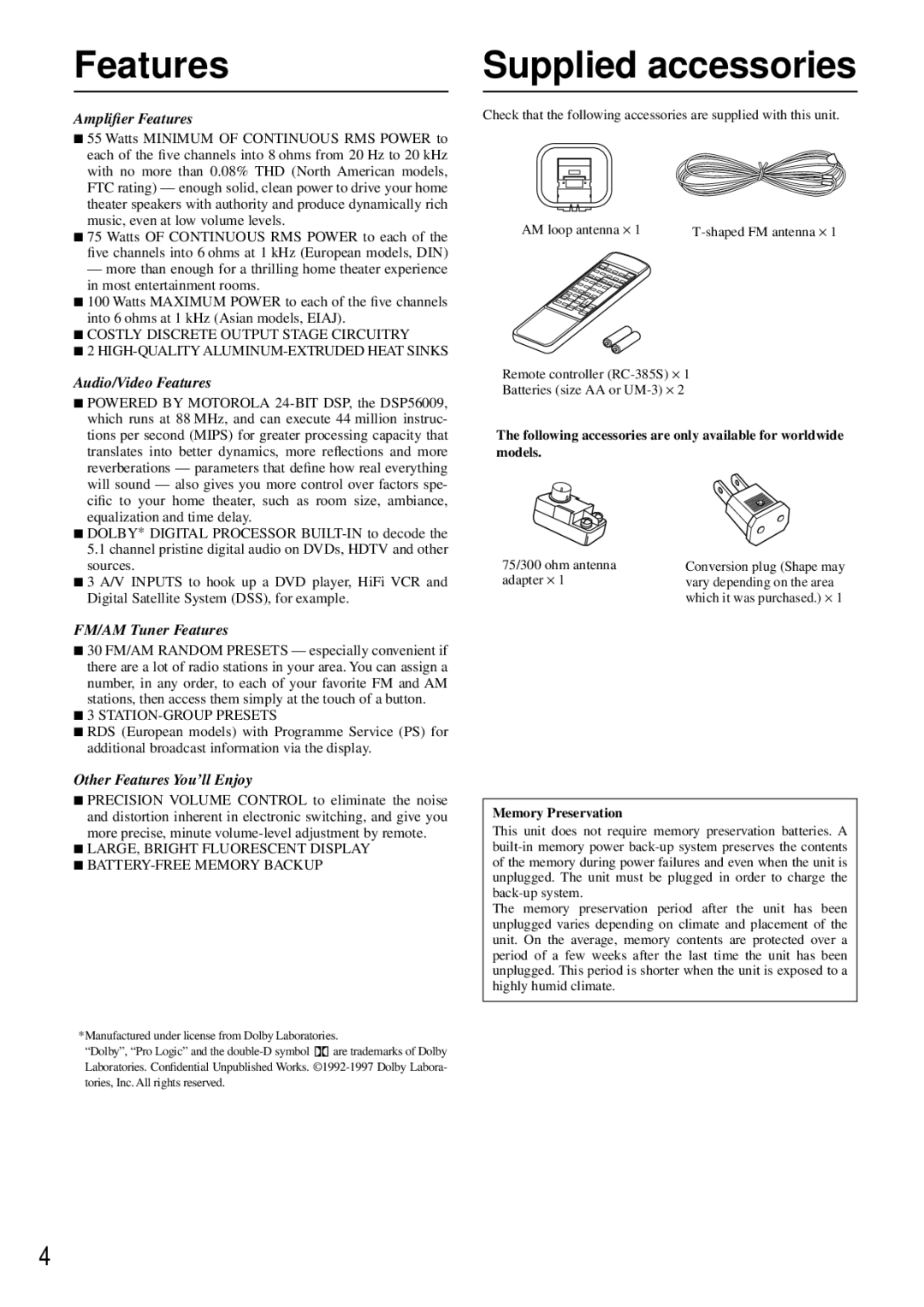 Onkyo TX-DS474 appendix Features, Supplied accessories, Memory Preservation 