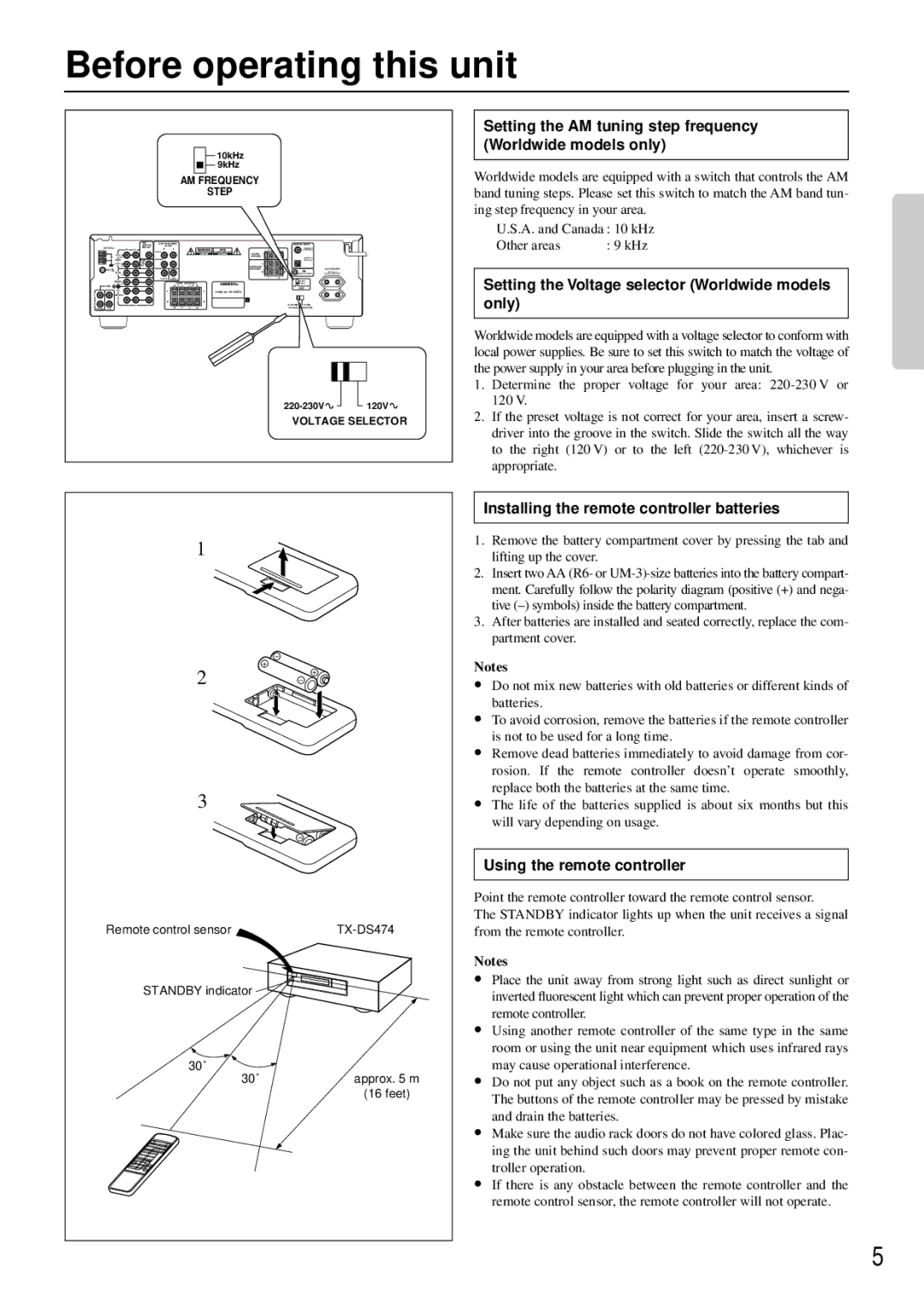 Onkyo TX-DS474 appendix Before operating this unit, Setting the AM tuning step frequency Worldwide models only 