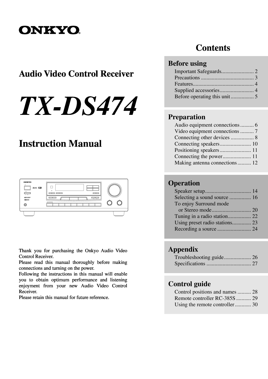 Onkyo TX-DS474 appendix Before using, Preparation, Operation, Appendix, Control guide, Audio Video Control Receiver 