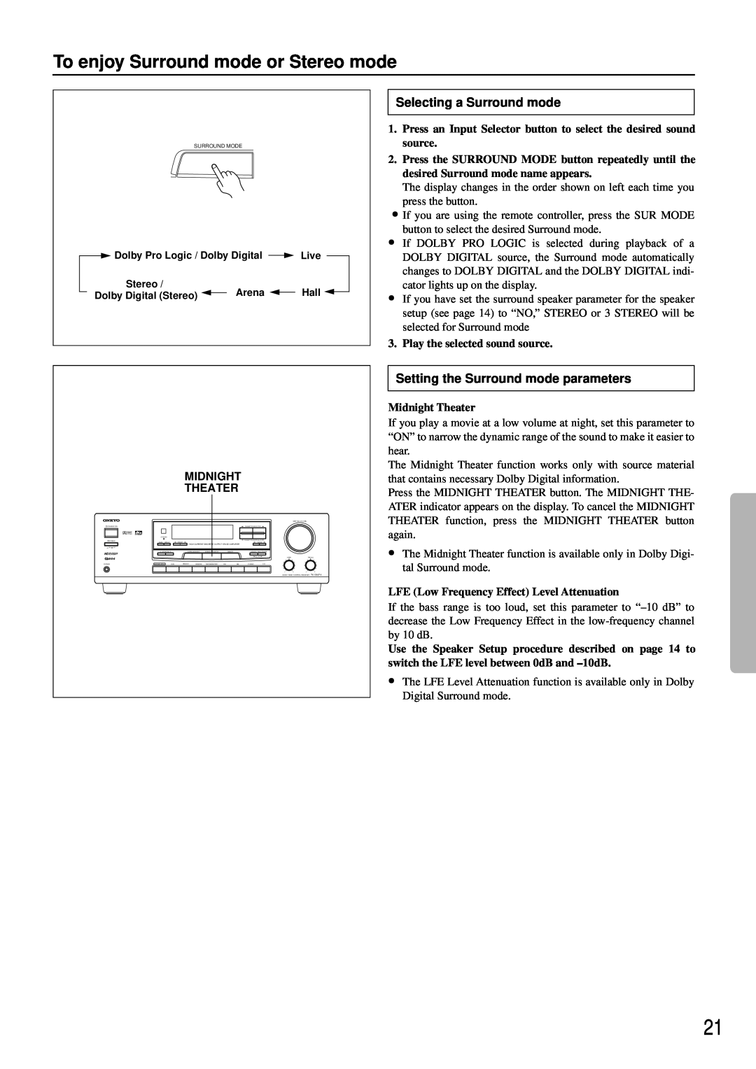 Onkyo TX-DS474 To enjoy Surround mode or Stereo mode, Selecting a Surround mode, Setting the Surround mode parameters 