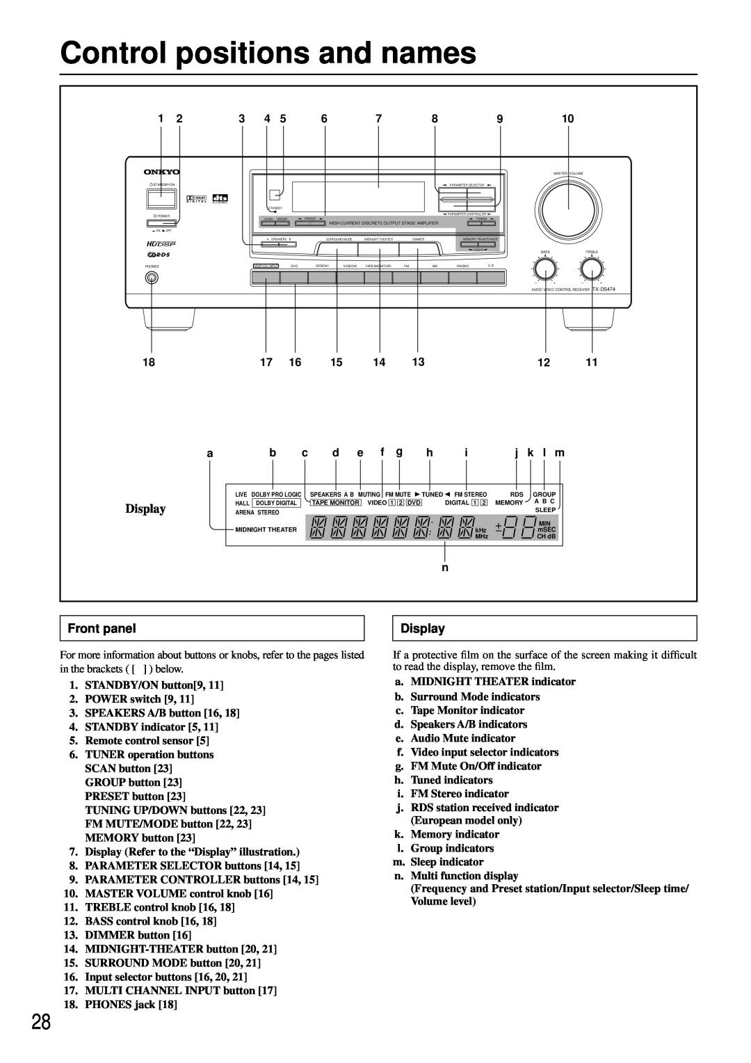 Onkyo TX-DS474 appendix Control positions and names, Display, Front panel, e f g, j k l m 