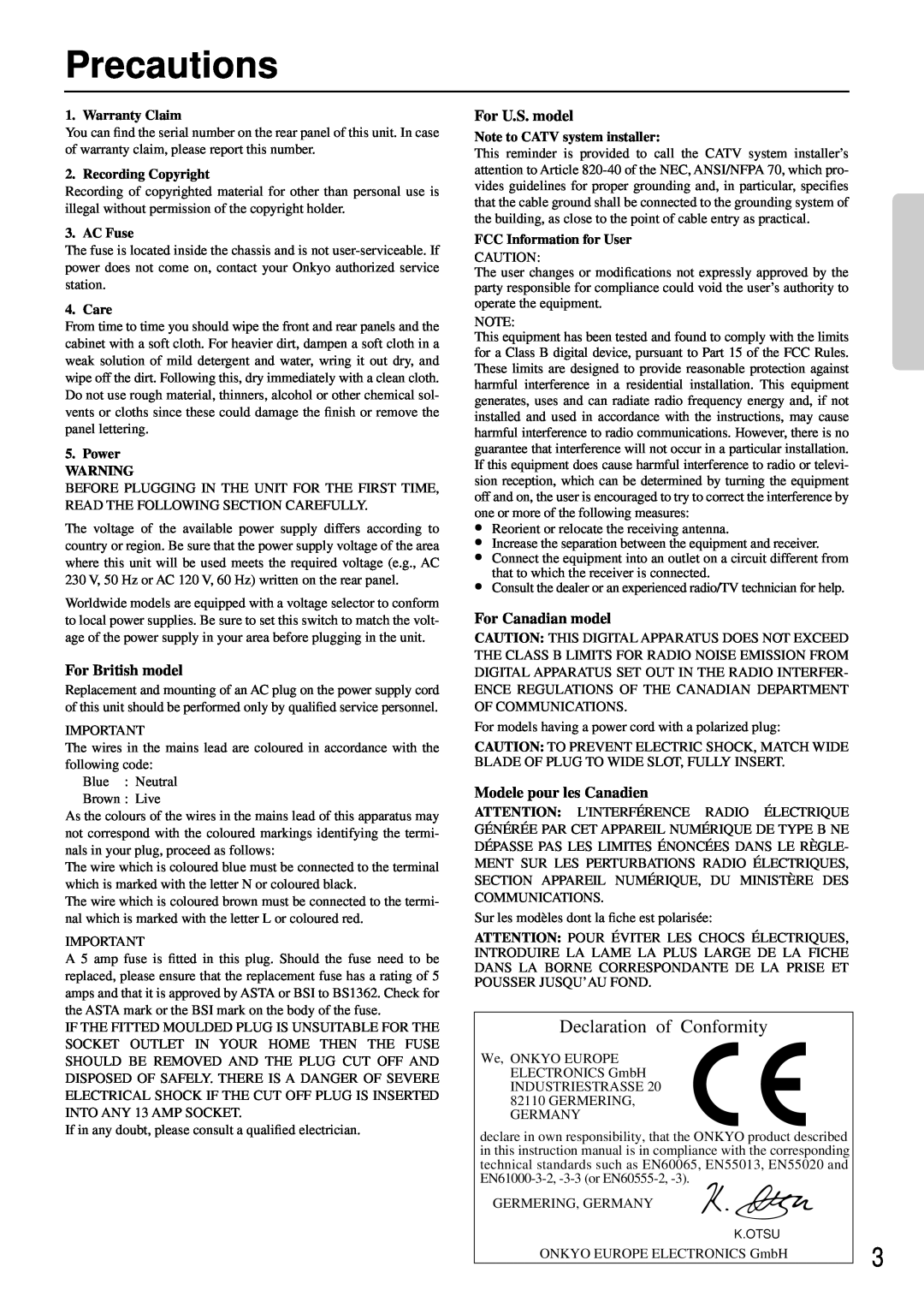 Onkyo TX-DS474 appendix Precautions, For British model, For U.S. model, For Canadian model, Modele pour les Canadien 