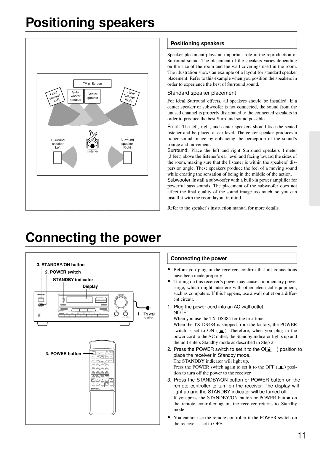 Onkyo TX-DS484 Positioning speakers, Connecting the power, Plug the power cord into an AC wall outlet. Note 