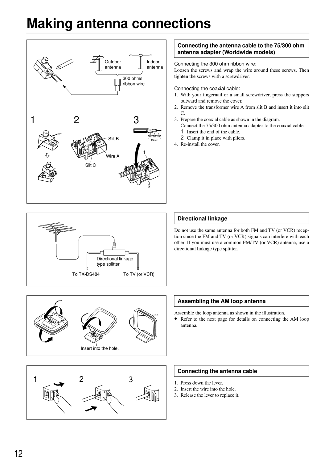 Onkyo TX-DS484 instruction manual Making antenna connections, Directional Iinkage, Assembling the AM loop antenna 