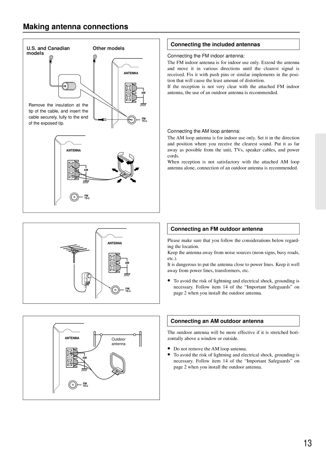 Onkyo TX-DS484 Making antenna connections, Connecting the included antennas, Connecting an FM outdoor antenna 