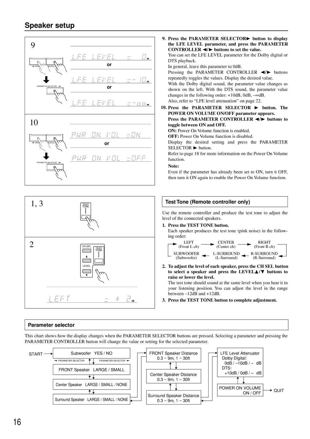 Onkyo TX-DS484 instruction manual Test Tone Remote controller only, Parameter selector, Press the Test Tone button 