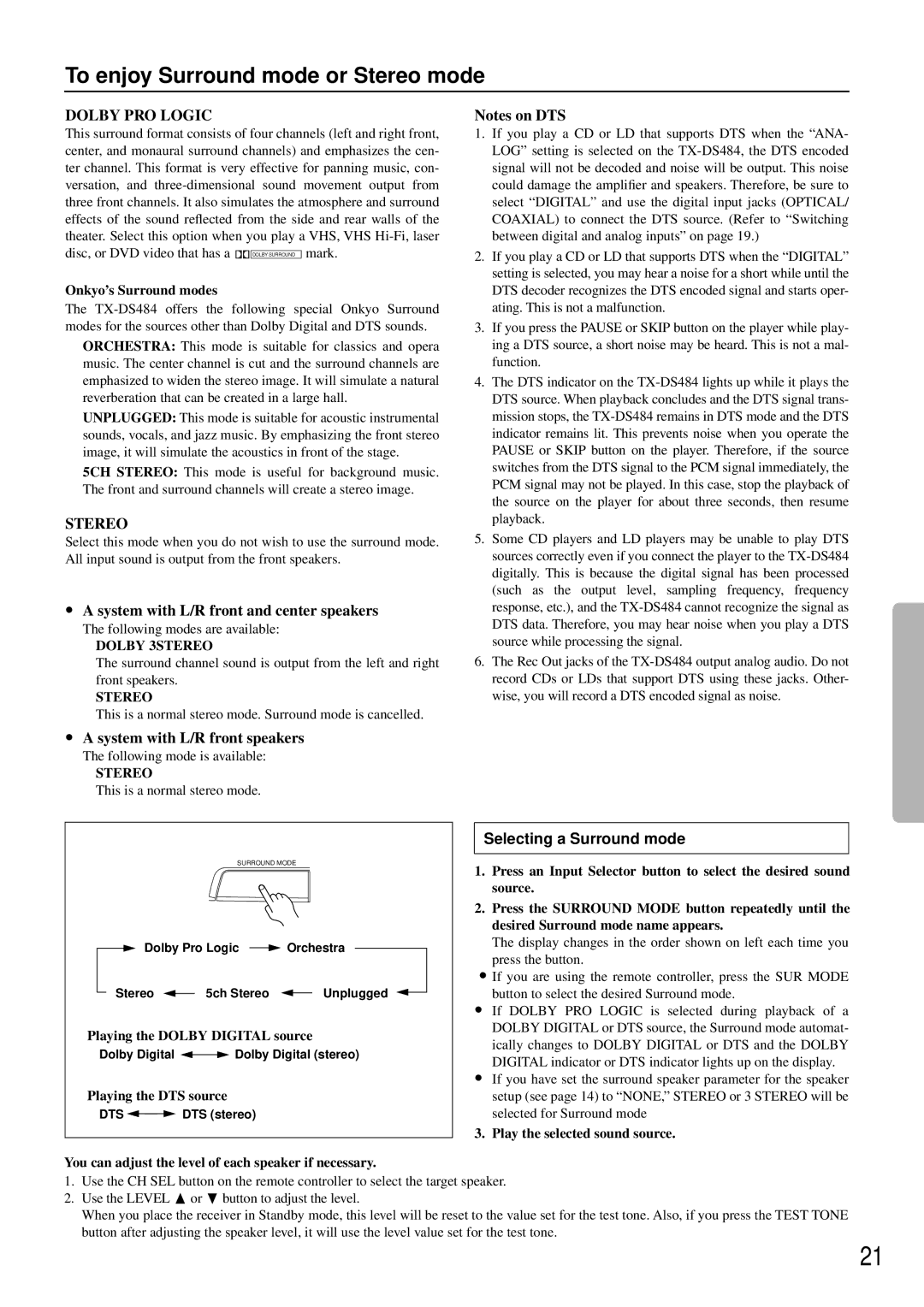 Onkyo TX-DS484 instruction manual To enjoy Surround mode or Stereo mode, Selecting a Surround mode 